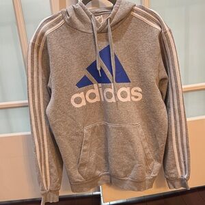 Adidas Gray Hoodie with Blue Logo and White Stripes